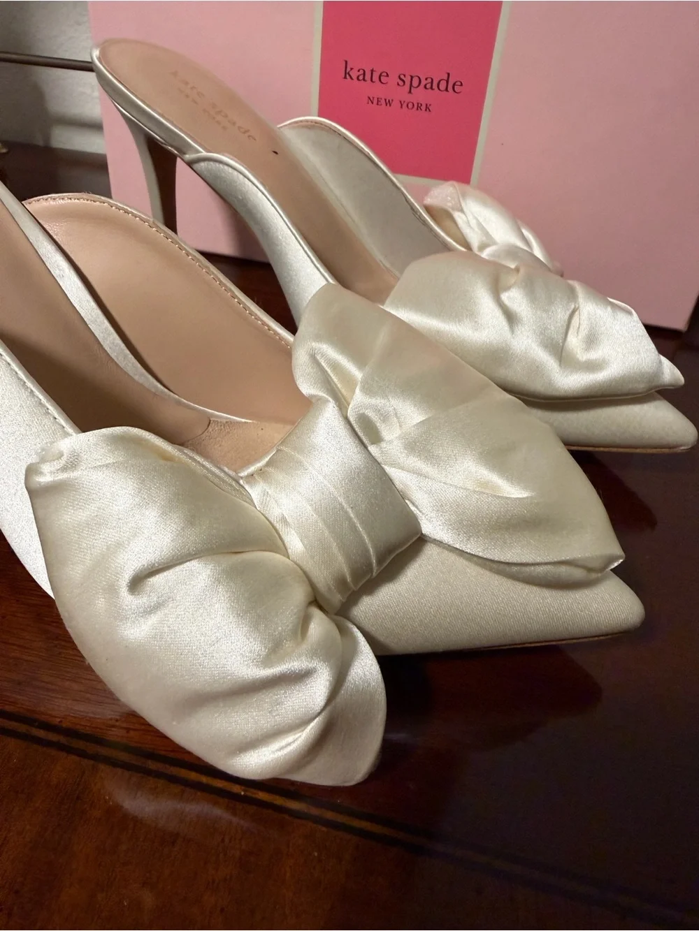 kate spade Ivory White Satin Pointed Bow Slip-On Heels Bridal Wedding
